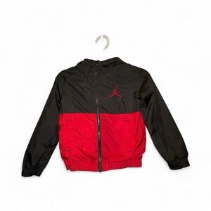 Kids Jordan Windbreaker Jacket Black Red Zip Up Hooded Lightweight Size 4‎